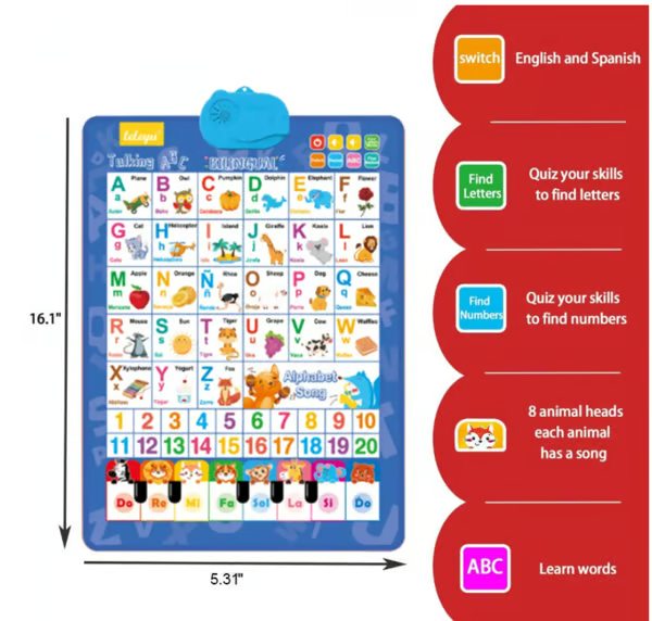 π2025 New Talking Wall Chart for Kids β English & Spanish Learning Poster with Songs, ABCs, Numbers, Animal words & Piano
