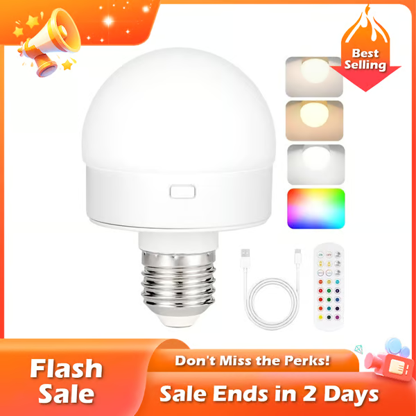 🏆Flash Sale⚡ 50K+ SOLD! Almost Gone-💥Rechargeable Light Bulbs with Remote Control, Battery Operated Light Bulb for Sconce and Lamp, 3 Color Temperature Dimmable E26 Wireless Detachable LED Charging Bulb，Best gifts