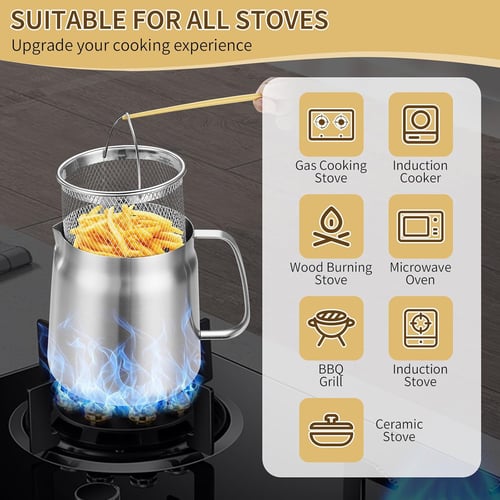 68oz 304 Stainless Steel Deep Fryer Pot with Basket & Strainer, Large Capacity Bacon Grease Container for Kitchen,Frying, Cooking, Camping,Oil Filter Container - Dishwasher Safe