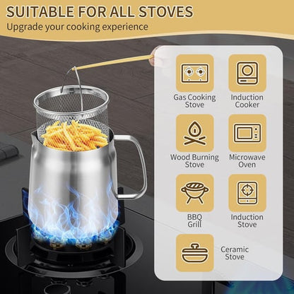 68oz 304 Stainless Steel Deep Fryer Pot with Basket & Strainer, Large Capacity Bacon Grease Container for Kitchen,Frying, Cooking, Camping,Oil Filter Container - Dishwasher Safe