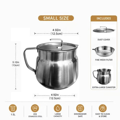 68oz 304 Stainless Steel Deep Fryer Pot with Basket & Strainer, Large Capacity Bacon Grease Container for Kitchen,Frying, Cooking, Camping,Oil Filter Container - Dishwasher Safe