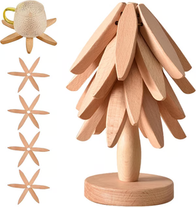 🏆Flash Sale⚡✨Natural Tree Trivet Set - 4 Wooden Trivets & 1 Stand Like a Christmas Tree