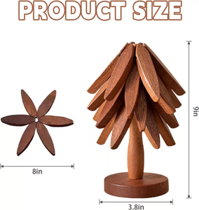 🏆Flash Sale⚡✨Natural Tree Trivet Set - 4 Wooden Trivets & 1 Stand Like a Christmas Tree