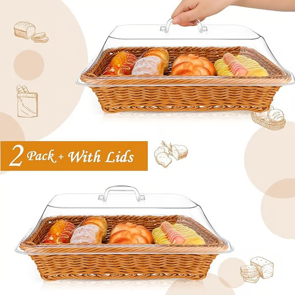 🍞 Large Handwoven Rattan-Style Bread Basket with Clear Acrylic Lid
