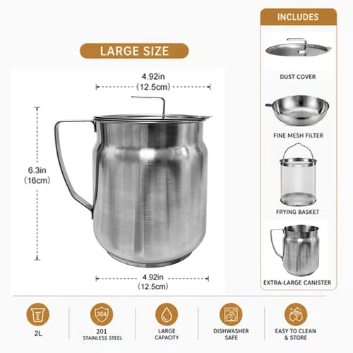 68oz 304 Stainless Steel Deep Fryer Pot with Basket & Strainer, Large Capacity Bacon Grease Container for Kitchen,Frying, Cooking, Camping,Oil Filter Container - Dishwasher Safe