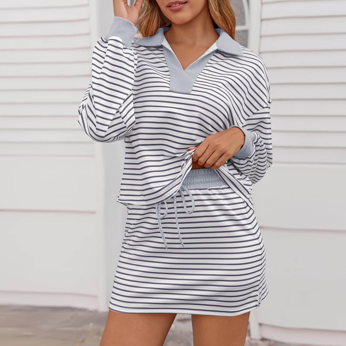 2 Piece Outfits Casual Sweatshirt Skirt Set Long Sleeve Skort