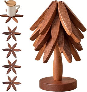 🏆Flash Sale⚡✨Natural Tree Trivet Set - 4 Wooden Trivets & 1 Stand Like a Christmas Tree