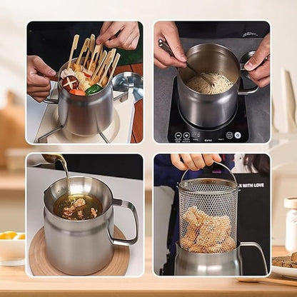 68oz 304 Stainless Steel Deep Fryer Pot with Basket & Strainer, Large Capacity Bacon Grease Container for Kitchen,Frying, Cooking, Camping,Oil Filter Container - Dishwasher Safe