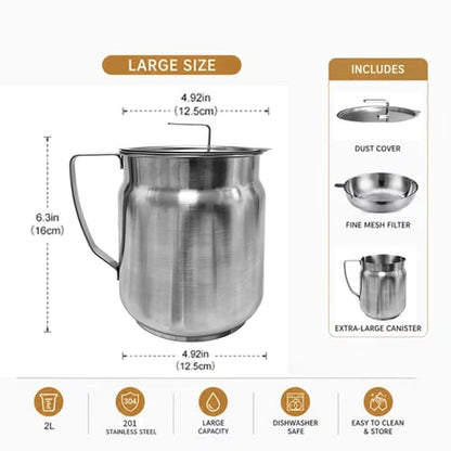 68oz 304 Stainless Steel Deep Fryer Pot with Basket & Strainer, Large Capacity Bacon Grease Container for Kitchen,Frying, Cooking, Camping,Oil Filter Container - Dishwasher Safe