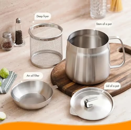 68oz 304 Stainless Steel Deep Fryer Pot with Basket & Strainer, Large Capacity Bacon Grease Container for Kitchen,Frying, Cooking, Camping,Oil Filter Container - Dishwasher Safe