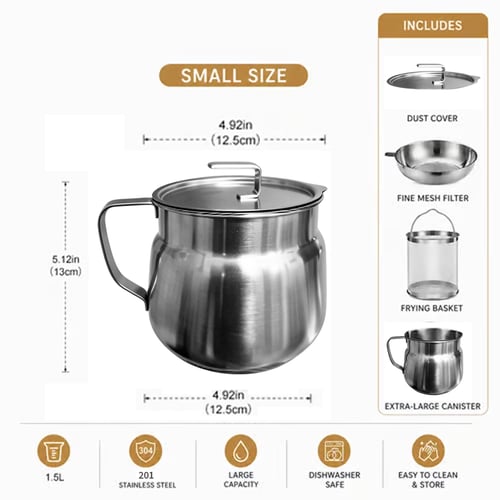 68oz 304 Stainless Steel Deep Fryer Pot with Basket & Strainer, Large Capacity Bacon Grease Container for Kitchen,Frying, Cooking, Camping,Oil Filter Container - Dishwasher Safe