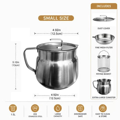 68oz 304 Stainless Steel Deep Fryer Pot with Basket & Strainer, Large Capacity Bacon Grease Container for Kitchen,Frying, Cooking, Camping,Oil Filter Container - Dishwasher Safe